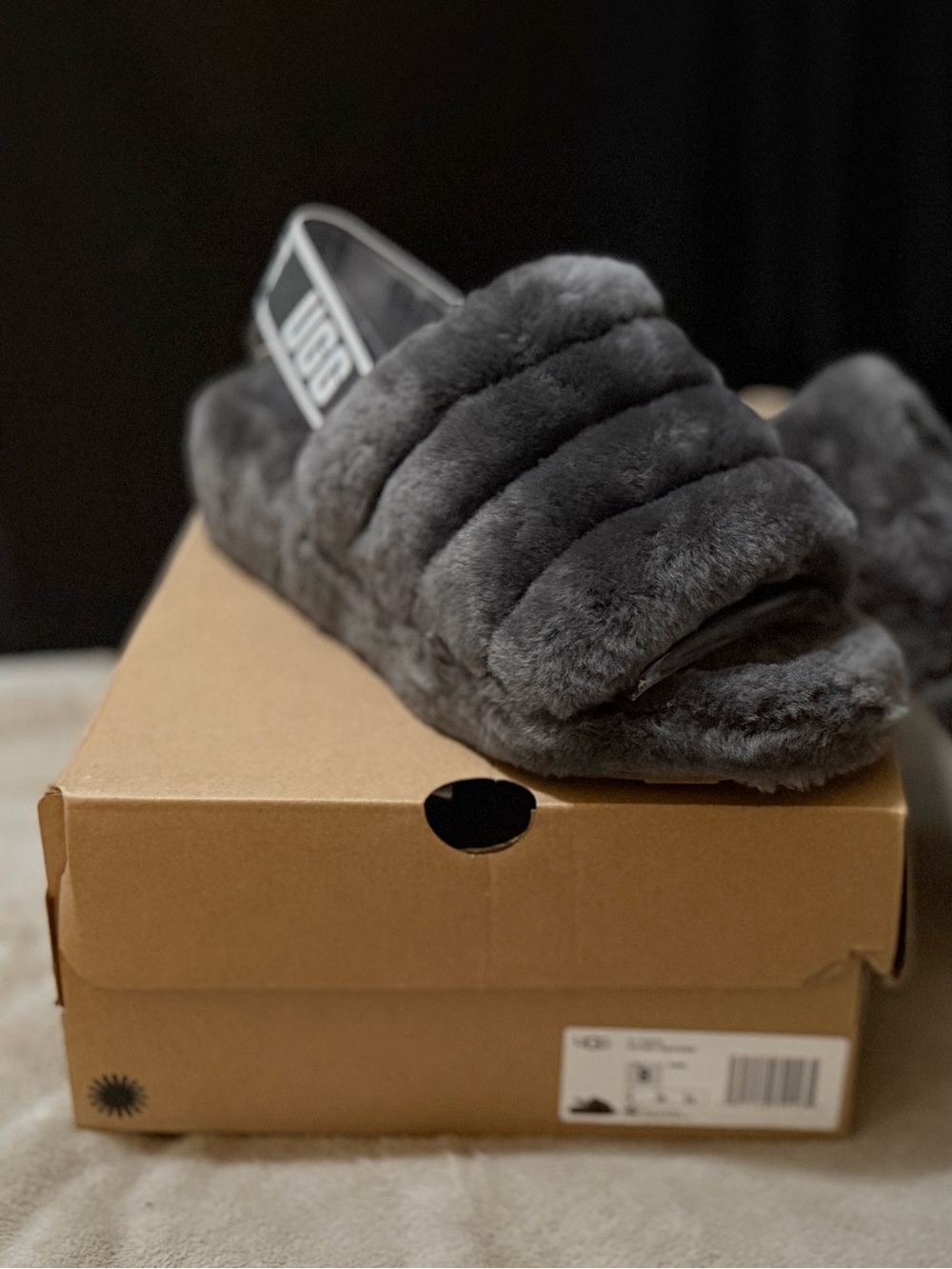 UGG Women's Dark Gray Fluff Slide Slippers